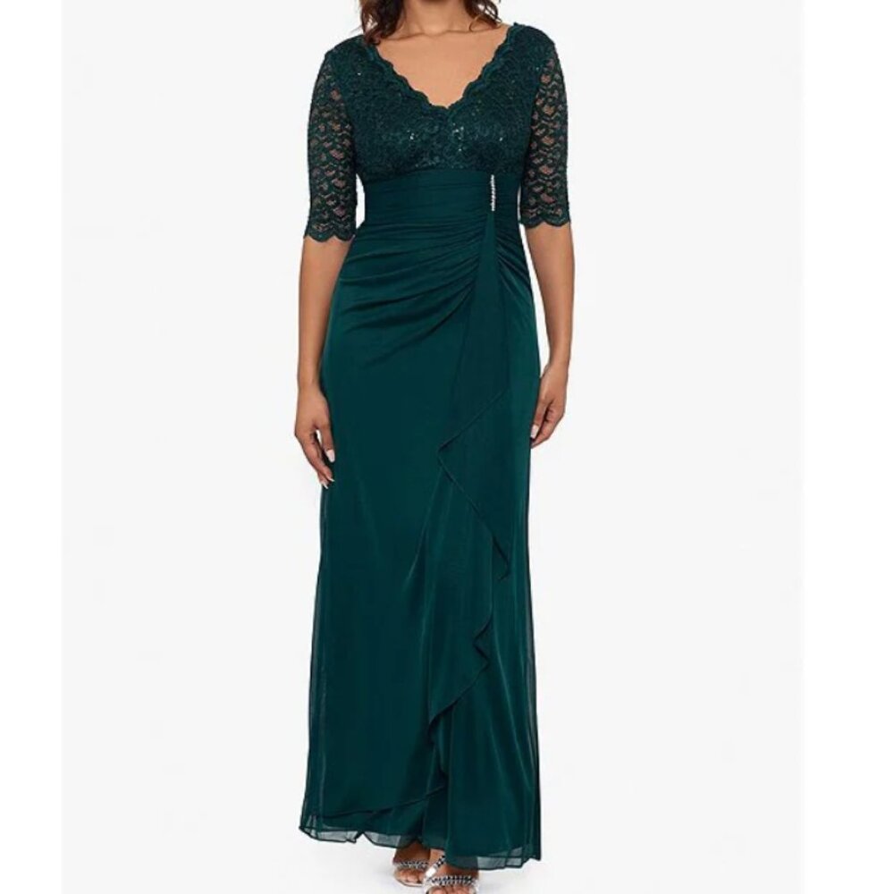 Betsy & Adam Sequin Lace V-Neck 3/4 Sleeve Gown (Pine, 14)